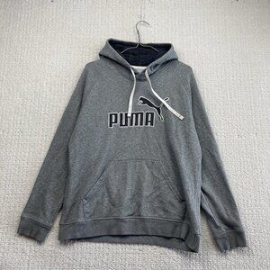 Y2K Puma Hoodie Mens L Gray Script Logo Embroidery Classic Sweatshirt Cozy